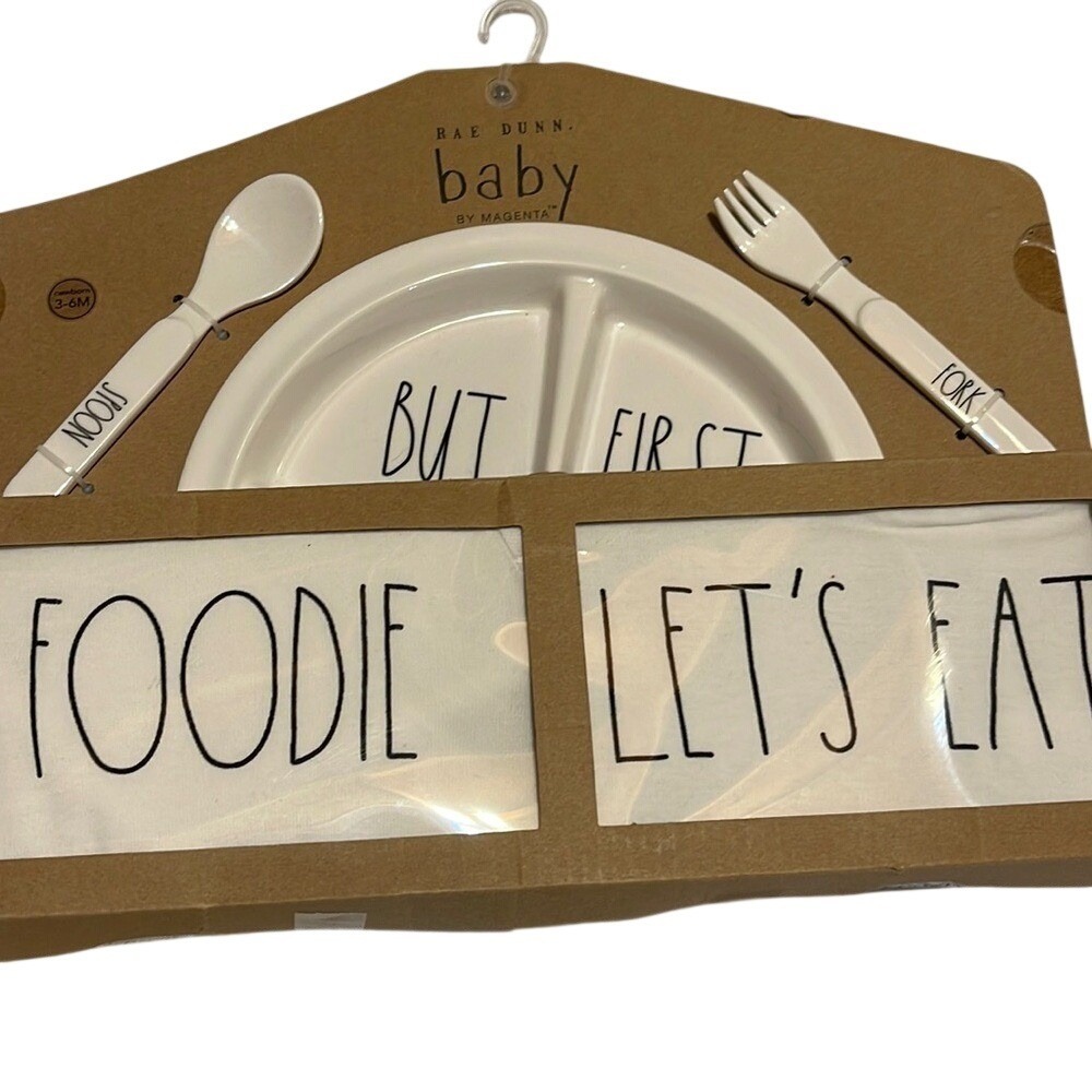Rae Dunn Baby Gift Set White Cotton Melamine Foodie Bib Plate Fork Spoon 5Pc